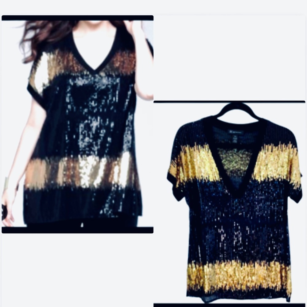 INC BLACK AND GOLD SEQUIN V NECK SHORT SLEEVE TOP SIZE 3X